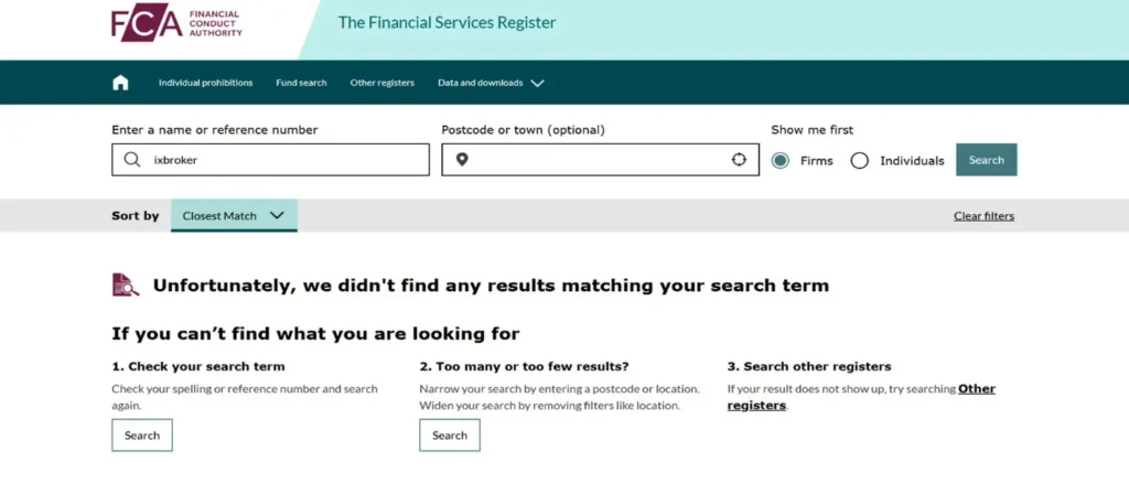 FCA UK regulatory search confirming IXBroker is not registered