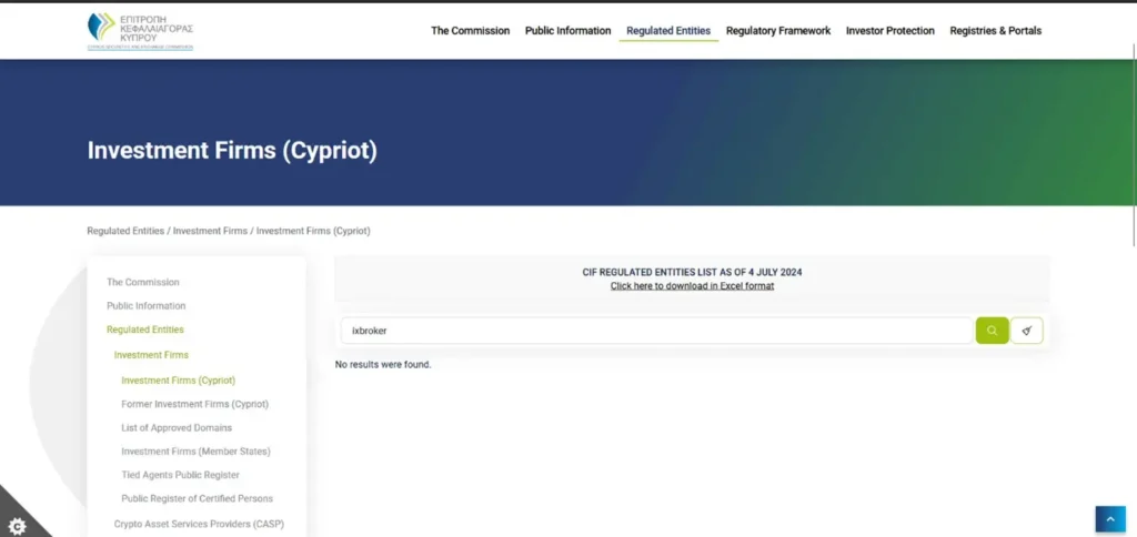 CySEC Cyprus regulatory search showing IXBroker has no valid license