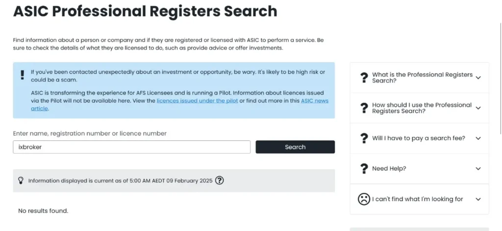 ASIC Australia regulatory search showing no license for IXBroker