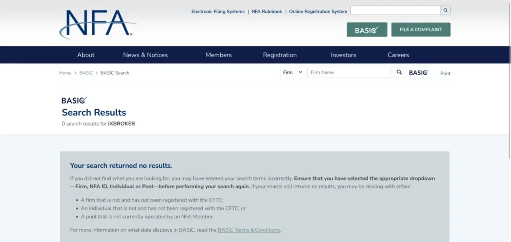 NFA USA regulatory search revealing no records of IXBroker license