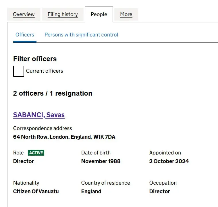 UK Companies House registration listing Savas Sabanci as the owner, exposing the fraudulent identity behind Alara Chapters Media LTD