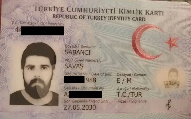 Document showing Farzad Vajihi using a fake Turkish identity under the name Savas Sabanci