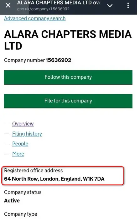 egistered address of Alara Chapters Media LTD on UK Companies House