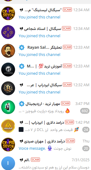 Crypto scam channels were tagged SCAM