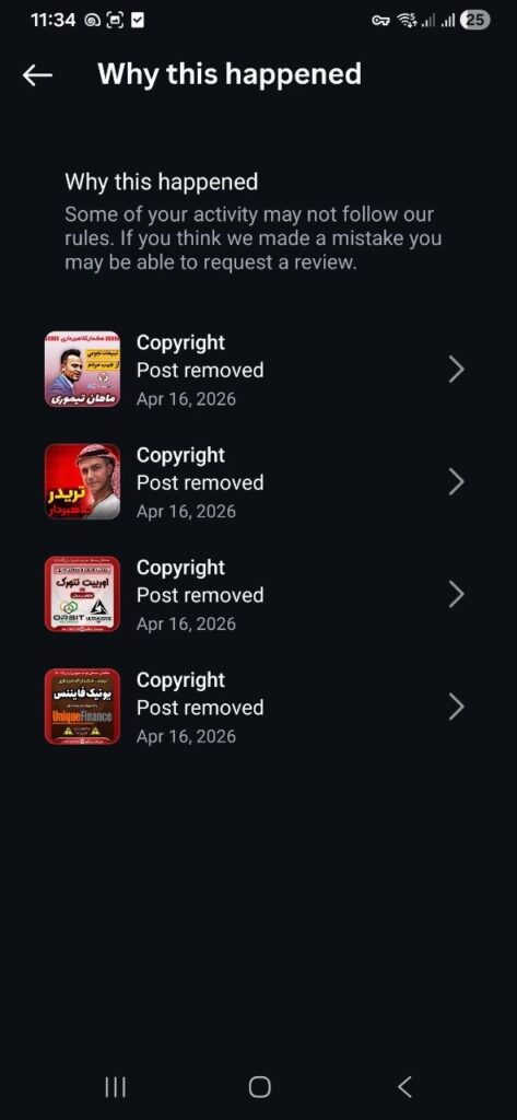 Evidence of a coordinated mass-removal campaign on Instagram targeting investigative journalism through fraudulent copyright claims.
